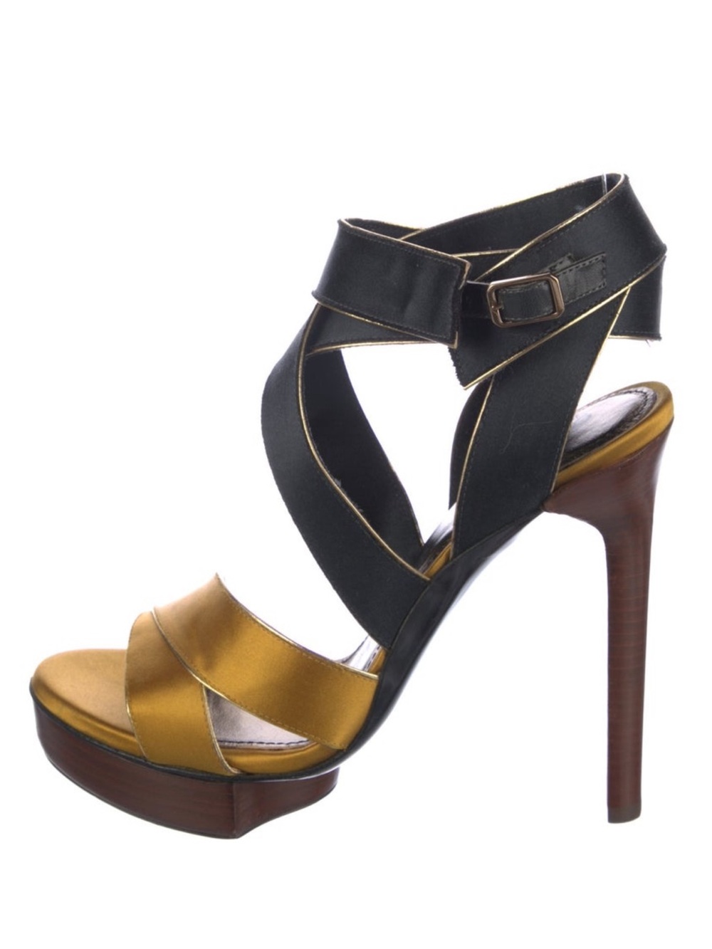Lanvin Black and Gold Satin Crisscross High Heel Sandals
